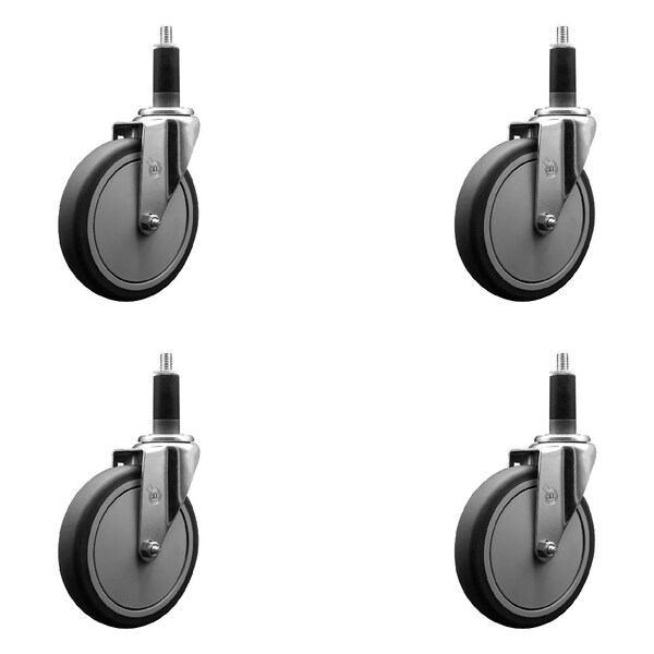 6'' Thermoplastic Rubber Swivel 1-1/8'' Expanding Stem Caster Set with Brake, 4PK